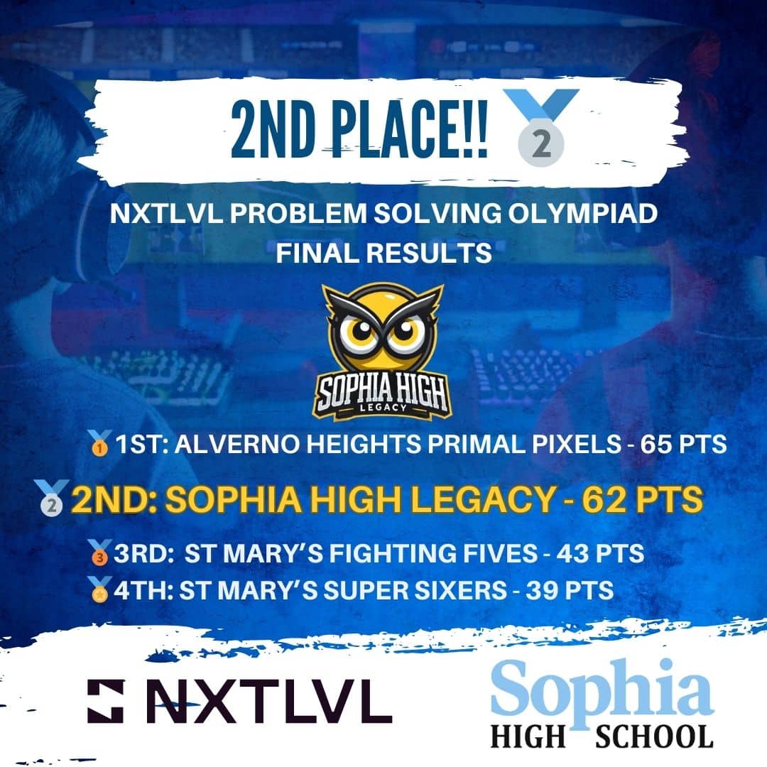 2nd Place announcement for Sophia High Legacy in the NXTLVL Problem-Solving Olympiad, showcasing final results.